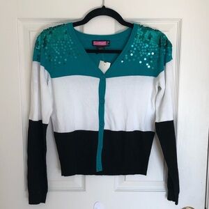 Teal White Black Sequin-Shoulder Button Cardigan